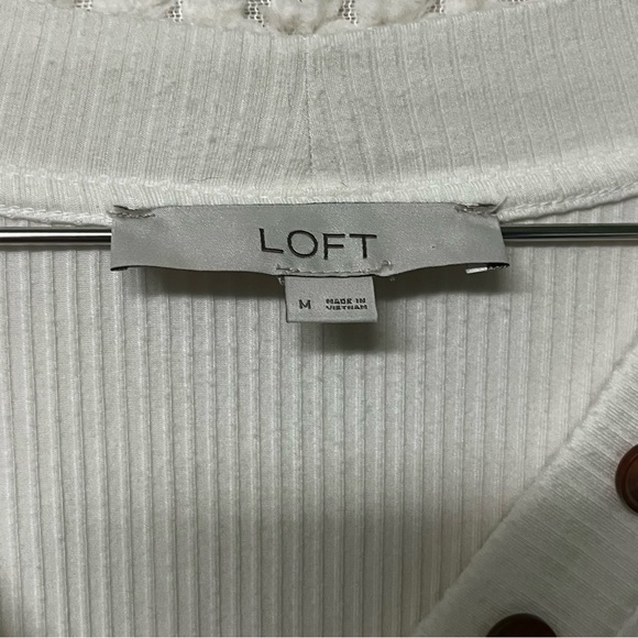 LOFT Ribbed Long Sleeve Top with Button Accents Soft White V Neck Medium - Picture 2 of 9